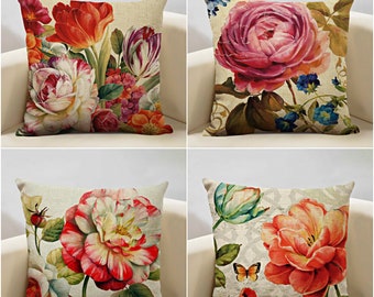 Floral watercolor flower design linen/ Sunflower Rose Peony throw pillow covers / Floral Spring Summer home decor Pillowcases, Accent Pillow