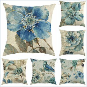 Bleu aquarelle fleur design lin / coton jeter housses d’oreiller / Floral Printemps Été Décoration intérieure Taies d’oreiller, Accent Pillow