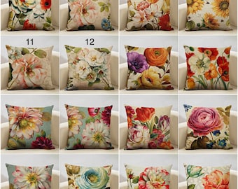 Floral watercolor flower design linen/ Sunflower Rose Peony throw pillow covers / Floral Spring Summer Fall Autumn home decor Pillowcases
