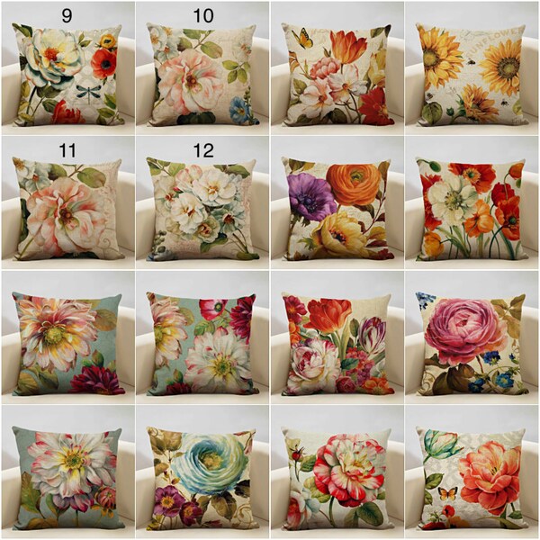 Floral watercolor flower design linen/ Sunflower Rose Peony throw pillow covers / Floral Spring Summer Fall Autumn home decor Pillowcases