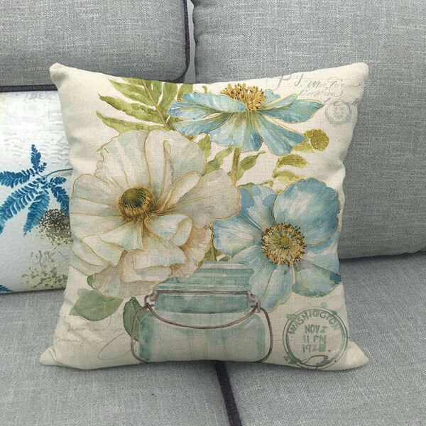 golden edge blue watercolor flower design linen/cotton throw pillow covers / Floral Spring Summer Home decor Pillowcases, Accent Pillow