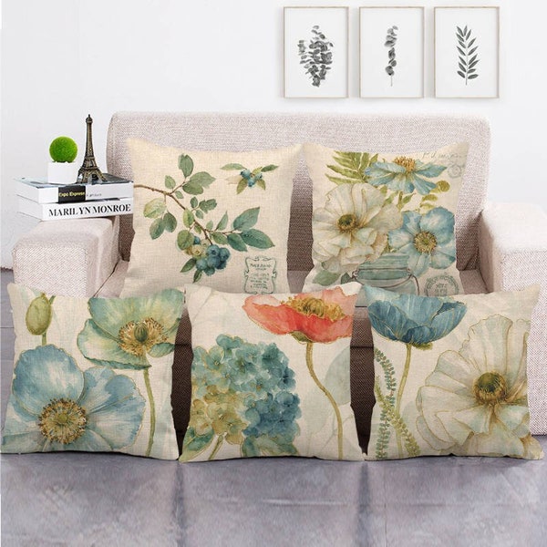 watercolor flower design linen pillow cover / green floral throw pillow covers / Floral Spring Summer Home decor Pillowcases, Accent Pillow