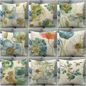 Housses de coussin en lin/coton avec bordure dorée bleue, décoration florale printemps-été, taies d'oreiller, coussin décoratif