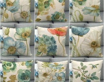 golden edge blue watercolor flower design linen/cotton throw pillow covers / Floral Spring Summer Home decor Pillowcases, Accent Pillow