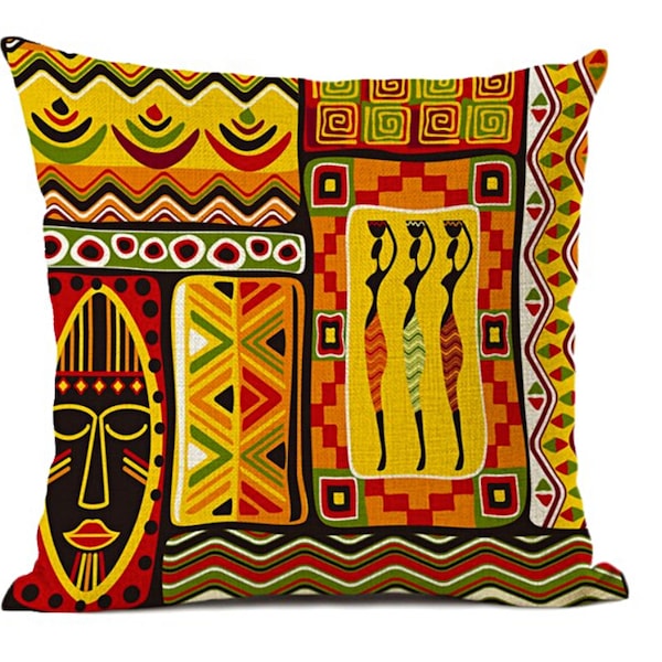 African ethnic pillow covers / Geometric Cushion Cover / Portrait decorative cushions / 18x18 cotton linen African Woman throw pillows