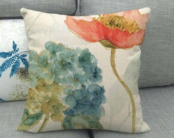 golden edge blue watercolor flower design linen/cotton throw pillow covers / Floral Spring Summer Home decor Pillowcases, Accent Pillow