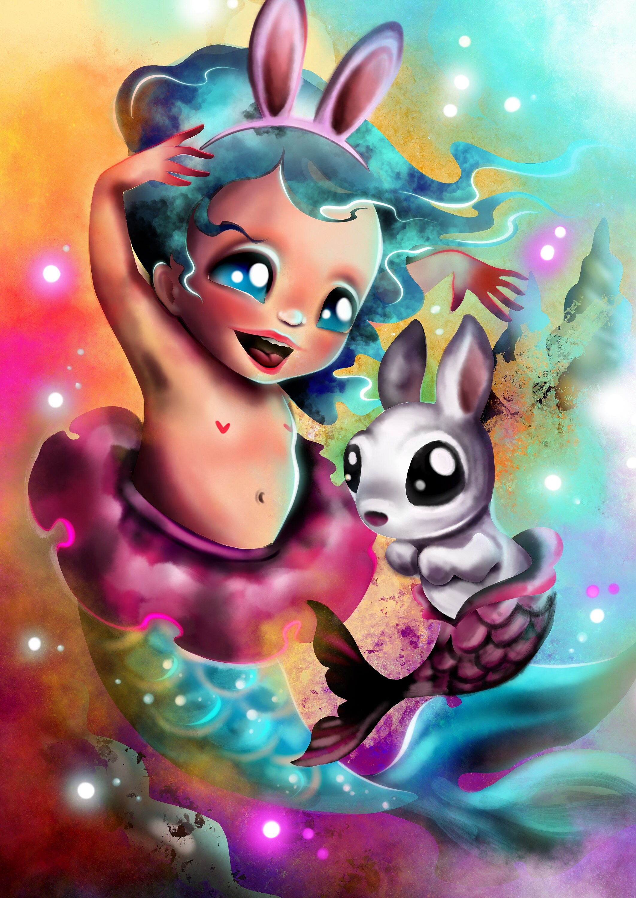 Rabbit mermaid print on canvas and/or poster Etsy