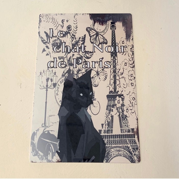 Mur d'aluminium Art Plat Chat Noir de Paris 30cm X 20cm. Style Cubique Rétro