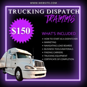 Pode incluir: Um caminhão branco é apresentado em um gráfico com o texto "Trucking Dispatch Training". A imagem inclui uma estrela roxa com o preço "150$" e uma lista do que está incluído, como marketing e navegação em painéis de carga.