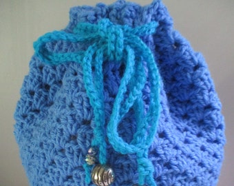 Blue & Teal drawstring crocheted bag
