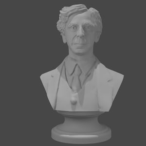 May include: A white plaster bust sculpture of a man wearing a suit and tie. The bust is on a white pedestal.