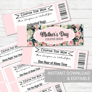 Editable Coupon Book, Mothers Day Gift, Custom Coupon Book for Mom, Instant Download, Coupon Book for Mom, Mom Coupon Book