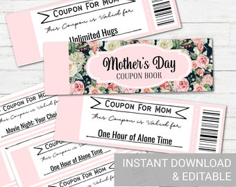 Editable Coupon Book, Mothers Day Gift, Custom Coupon Book for Mom, Instant Download, Coupon Book for Mom, Mom Coupon Book
