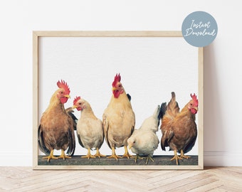 Chicken Print, Kitchen Wall Art, Rooster, Hen, Farm Animal, Chicken Download Print, Row of Chicken Poster,Farmhouse Decor,Farmhouse Wall Art