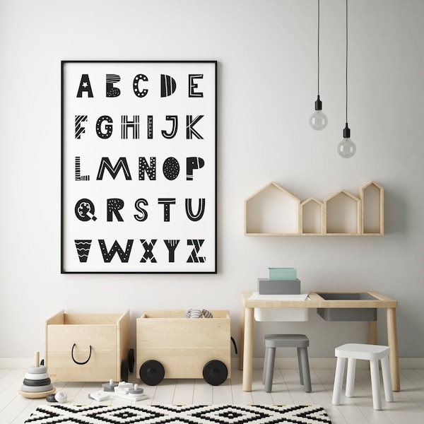 PRINTABLE Black and White Alphabet Print, Kids Room Wall Art, Black and White Nursery Wall Art, Monochromatic Playroom Poster, Kids Alphabet