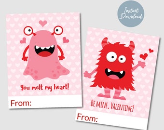 PRINTABLE Valentines Day Cards for School, Monster Valentines Cards for Kids, Instant Download, Valentines Day Cards for Class and Friends
