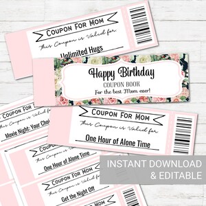 Editable Coupon Book, Birthday Gift for Mom, Custom Coupon Book, Birthday Gift for Her, Birthday Gift for Girlfriend, Love Coupon Book