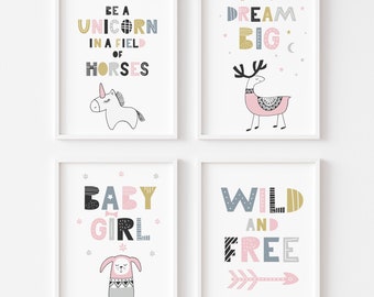 Bundle of 4 Nursery Prints, Nursery Wall Art, Scandinavian Prints for Nursery, Playroom Wall Art, Baby Prints, Kids Prints, Girls Room