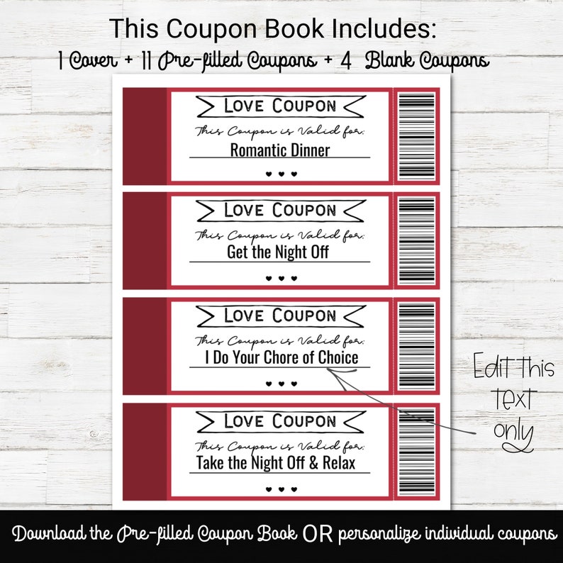 Custom Coupon Book, Love Coupon Book for Him, Editable Valentine Coupons for boyfriend, Anniversary Gift, Valentines Day Gift for Husband image 3