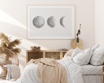 Moon Phases Printable Art, Grey Watercolour Moon Phases Print, Boho Watercolour Print, Grey Moon Poster, Instant Download