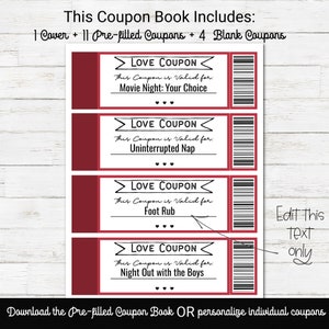 Custom Coupon Book, Love Coupon Book for Him, Editable Valentine Coupons for boyfriend, Anniversary Gift, Valentines Day Gift for Husband image 4