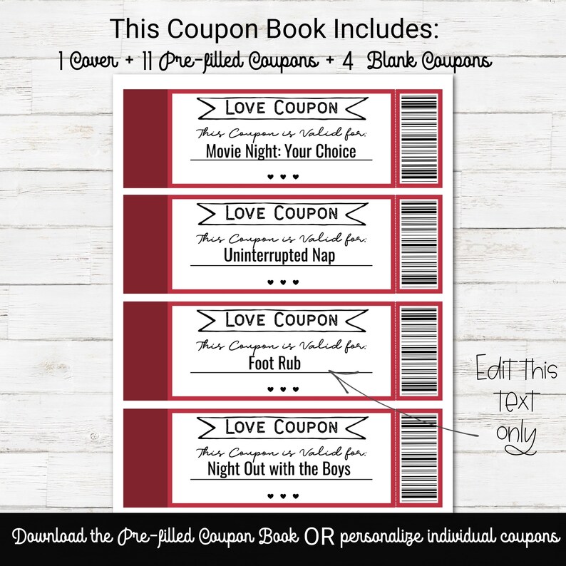 Custom Coupon Book, Love Coupon Book for Him, Editable Valentine Coupons for boyfriend, Anniversary Gift, Valentines Day Gift for Husband image 4