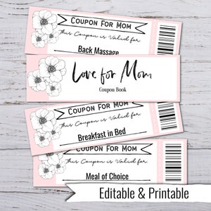 Printable Coupon Template for Mom, Mothers Day Gift, Coupon Book Birthday, Coupon Book  For Her, Coupon Book Digital Download, Love Coupon
