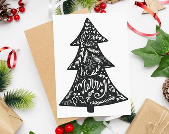 Black & White Christmas Tree Printable Christmas Card, Downloadable Holiday Card, Printable Holiday Card, Printable 5x7 Greeting Card, PDF