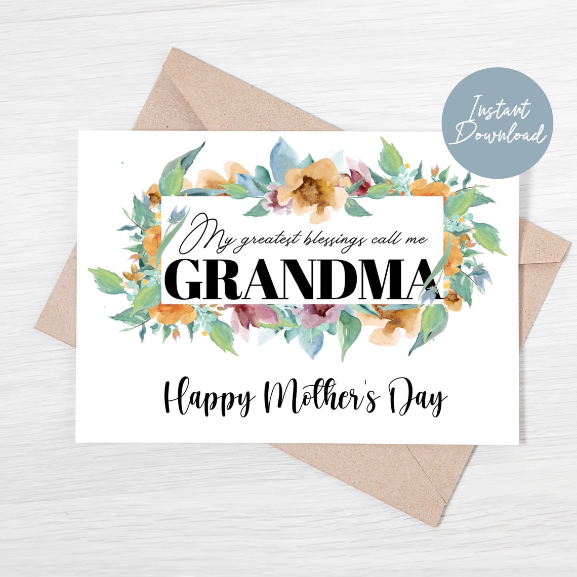 Printable Mothers Day Card for Grandma, Happy Mothers Day Greeting Card