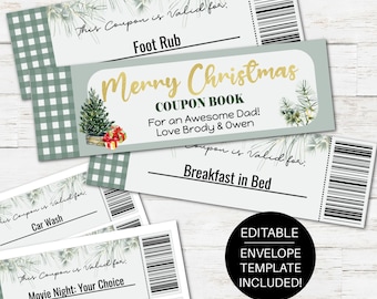 Editable Christmas Coupon Book, Printable Coupon Book, Christmas Gift for Him, Custom Coupon Book for Dad,  Dad Coupon Book, Grandpa Gift