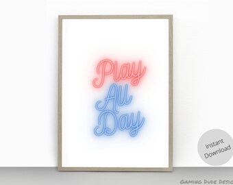 Play All Day, Gaming Wall Art, Video Game Print, Gaming Room Décor, Game Room Art, Video Game Print, Kids, Boys play Room, Digital Download