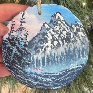 Blue and Pink Winter Mountain | Hand Painted Oil Christmas Ornament
