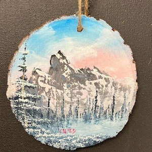 Pink and Blue Winter Mountain | Hand Painted Oil Christmas Ornament