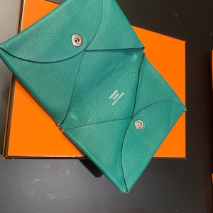 Hermès Calvi Leather Epsom Very Jade Colored Fold-Out Card Wallet