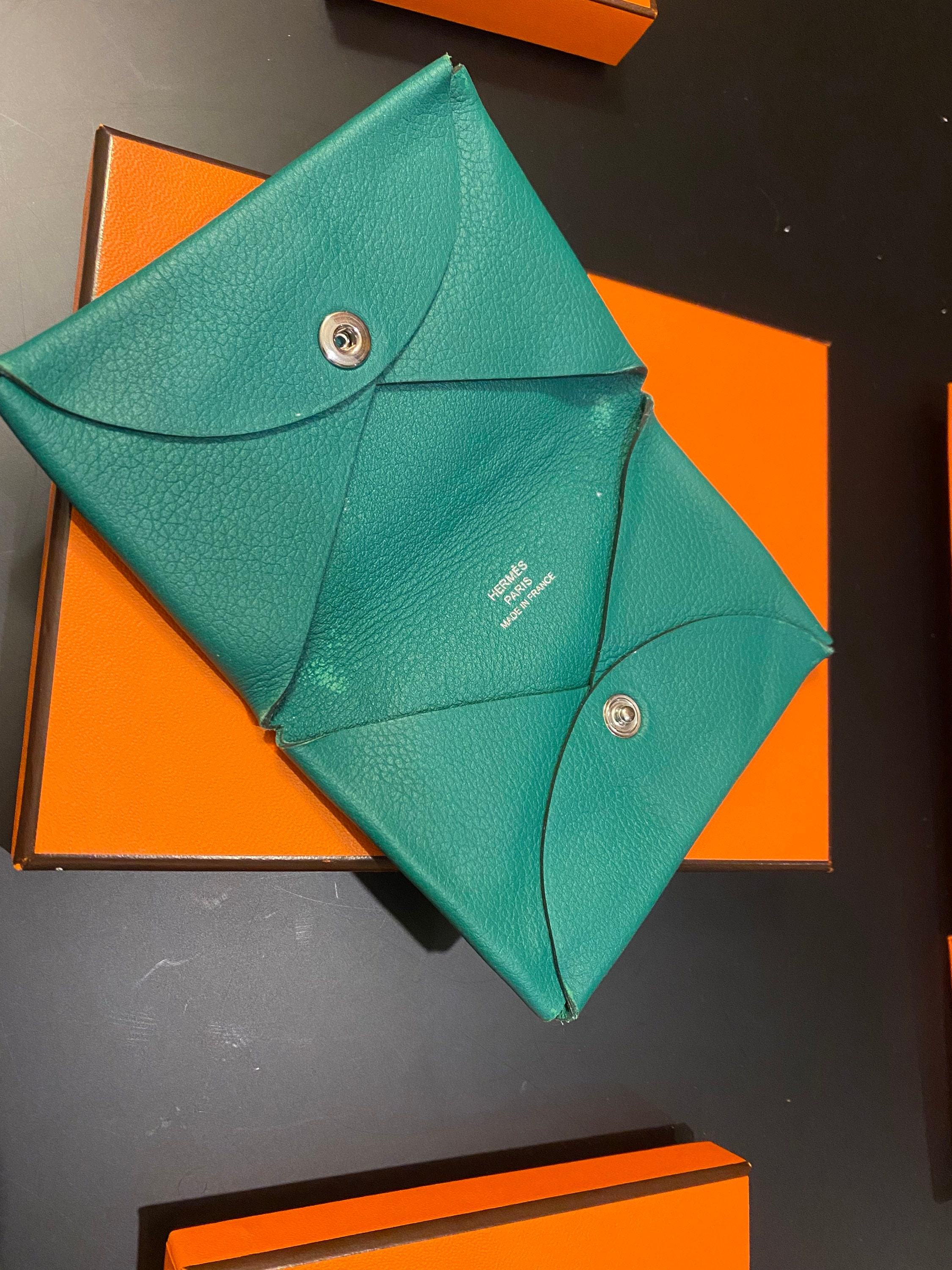 Hermès Calvi Leather Epsom Very Jade Colored Fold-out Card 