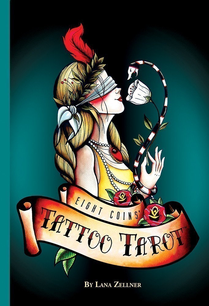Eight Coins' Tattoo Tarot Deck - A tarot card depicting the Eight of Coins, showing a figure crafting coins with a hammer.