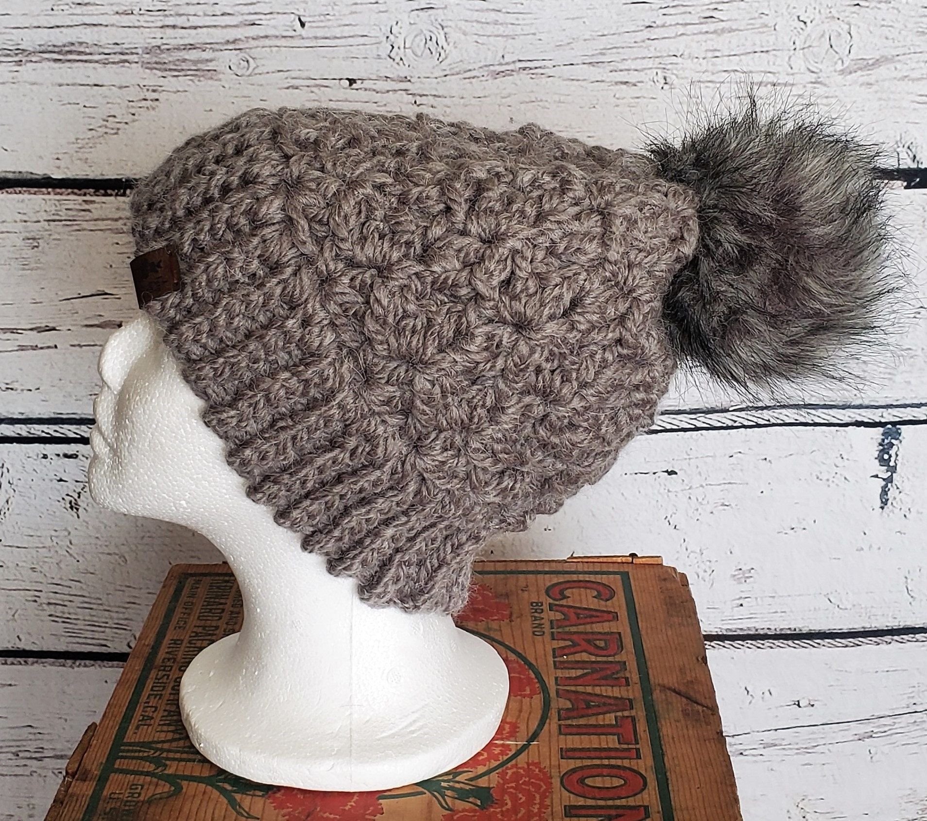 Alpaca Blend Beanie, Charcoal Gray Crochet Hat With Faux Fur  display picture 1