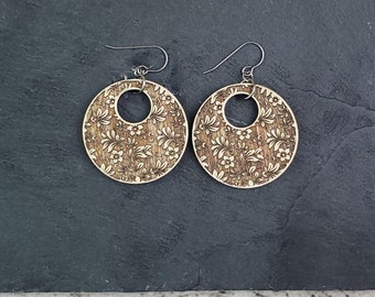 Large Damask Engraved Wood Earrings | Lightweight | Sensitive Ears | Titanium