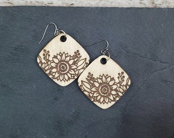 Large Sunflower Diamond Wood Engraved Earrings | Sensitive Ears | Lightweight | Titanium