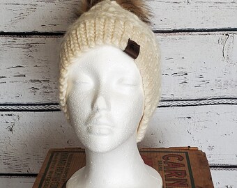 Cream Alpaca Beanie, Faux Fur Pom Winter Hat