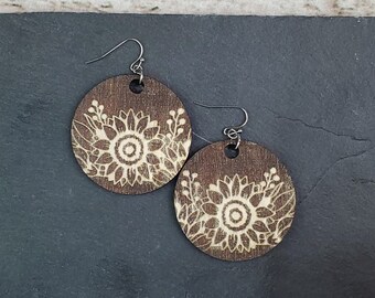 Large Circle Sunflower Engraved Wood Earrings | Sensitive Ears | Lightweight | Titanium