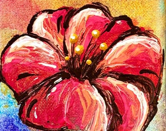 Vibrant Tropical Flower Painting: Expressive Textured Crimson Blossom Art