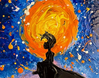 Abstract Cosmic Painting: Swirling Sun Silhouette, Expressive Wall Art