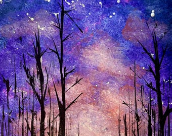 New Horizon Painting: Black Trees, Cosmic Sky, Hopeful Dawn Art