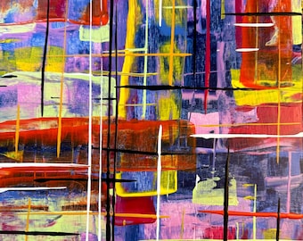 Abstract Grid Painting: Vibrant Energy, Textured Layers, Modern Wall Art