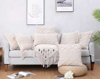 Housse d’oreiller en tricot macramé boho, housse de coussin décoratif en coton bohème faite à la main, 18 pouces, cadeau de fête des mères