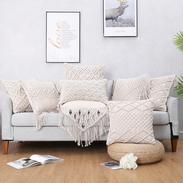 Housse d’oreiller en tricot macramé boho, housse de coussin décoratif en coton bohème faite à la main, 18 pouces, cadeau de fête des mères