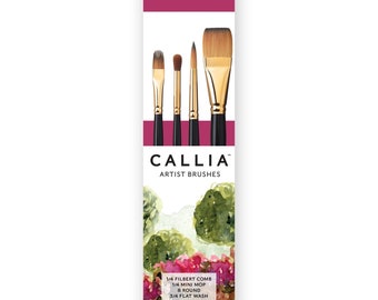 Callia Artist Aquarelle Paysages Pinceau Set par Willow Wolfe, 1/4 Filbert Comb, 8 Round, 3/4 Wash, 1/4 Mini Mope