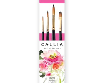 Callia Artist Brushes Watercolor Flowers Brush Set by Willow Wolfe, 2 Round, 6 Round, 12 Round, 8 Filbert