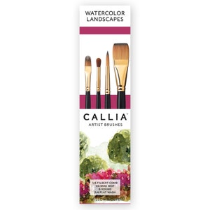May include: A set of four watercolour paint brushes in a box with a watercolour landscape painting on the front. The brushes are labelled 1/4 Filbert Comb, 1/4 Mini Mop, 8 Round, and 3/4 Flat Wash. The box also says "CALLIA Artist Brushes" and "WATERCOLOUR LANDSCAPES".